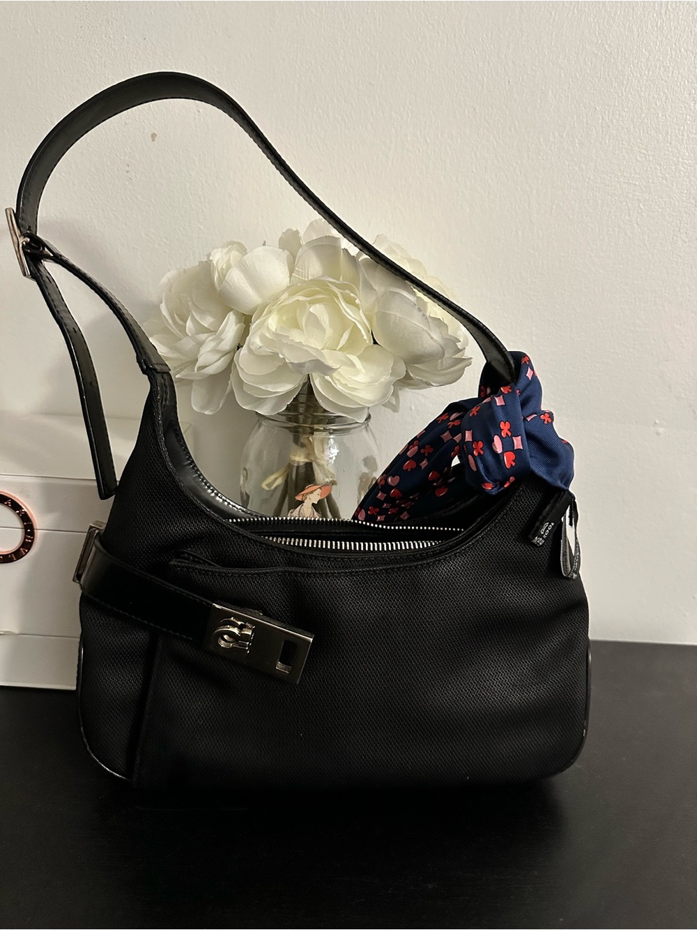 Salvatore Ferragamo Black Shoulder Bag with Navy & Red Scarf Detail